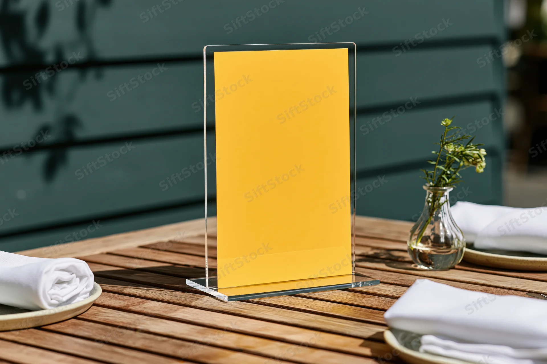 Bright yellow menu card in clear acrylic stand on wooden table with plates and napkins outdoors