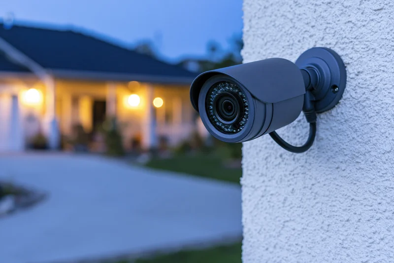 Security camera mounted on a textured white wall overlooking a house at dusk