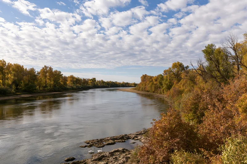Calm river winding through autumn landscape flanked by trees with golden foliage under cloudy sky