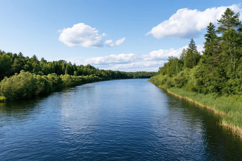 Wide calm river winding through dense mixed forest under blue sky with clouds