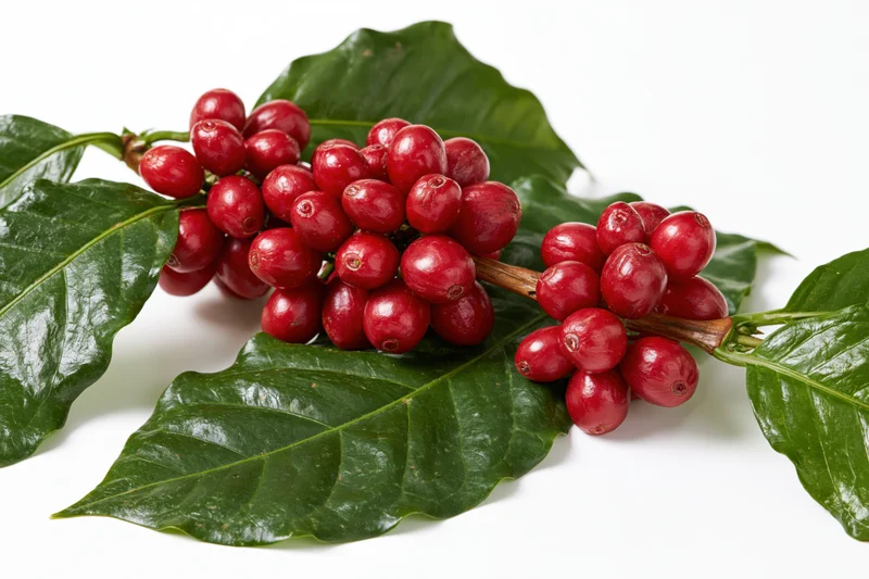 Coffee plant branch with ripe red cherries and green leaves on white background