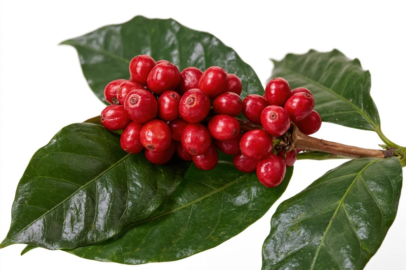 Coffee plant branch with ripe red cherries and green leaves on white background