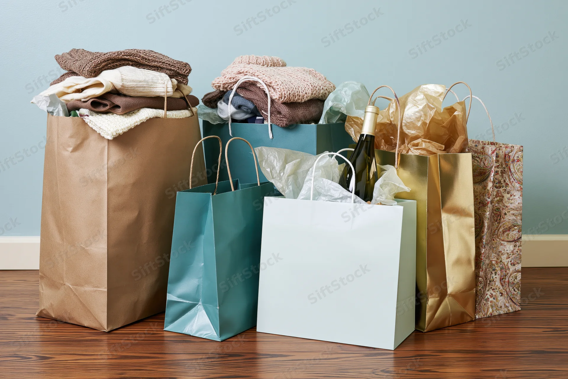 Assorted shopping bags filled with clothing and a wine bottle arranged on a wooden floor