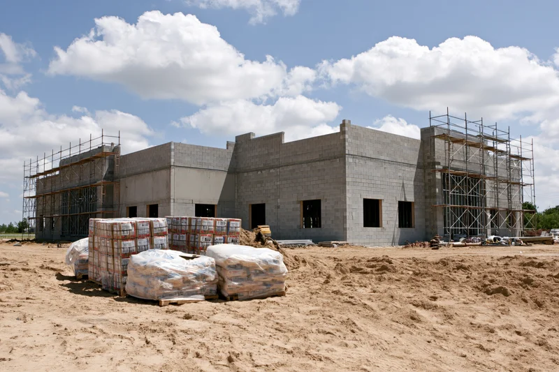 Concrete block building under construction with scaffolding and stacked materials on a dirt site