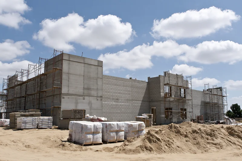 Concrete block building under construction with scaffolding and materials on site