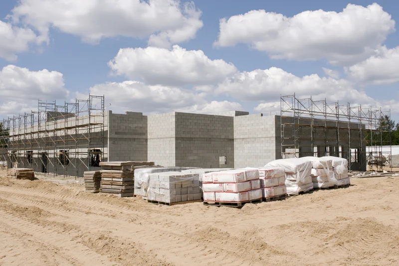 Concrete block building under construction with scaffolding and stacked materials on a sandy site