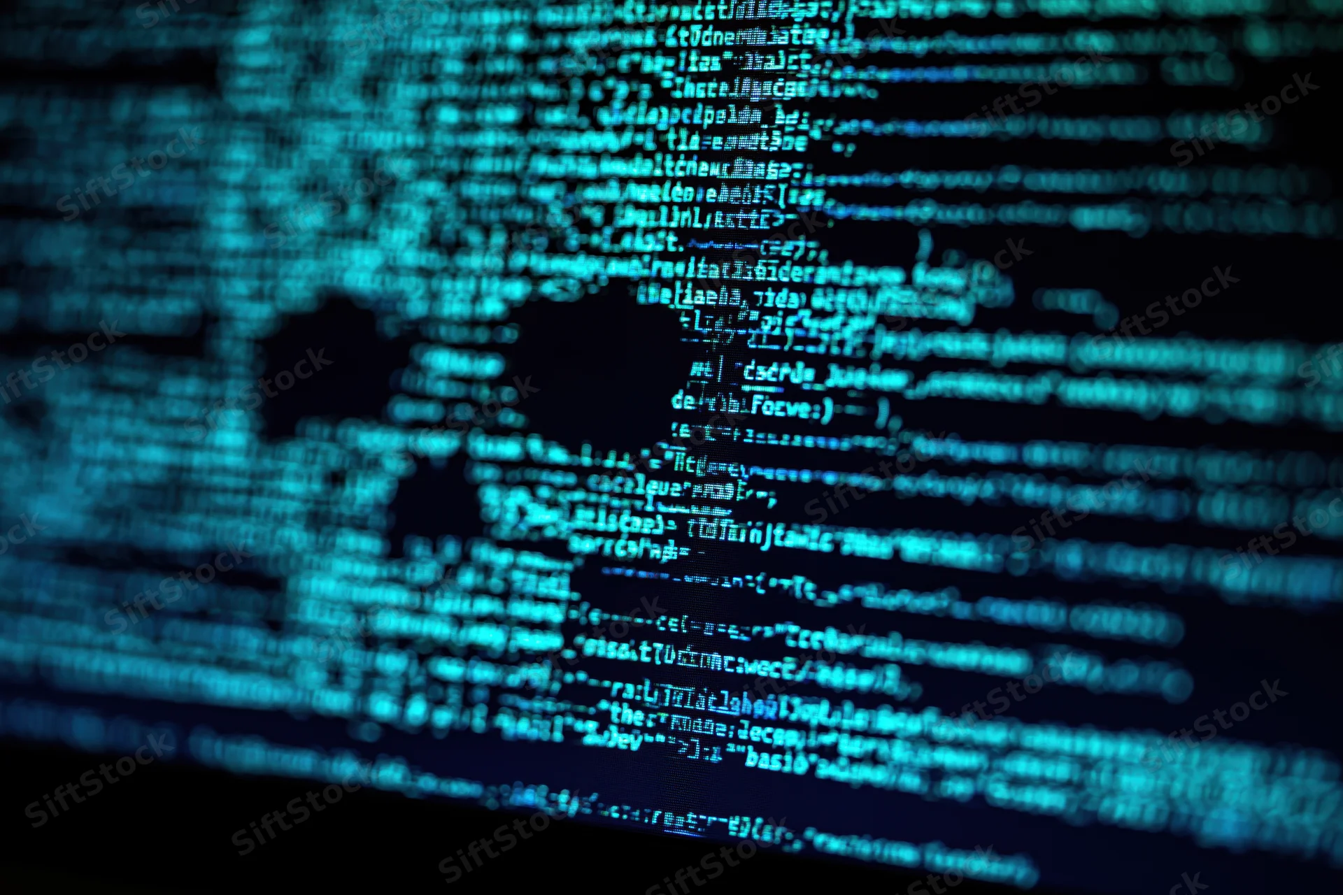 Glowing blue lines of code on a dark computer screen forming a digital world map