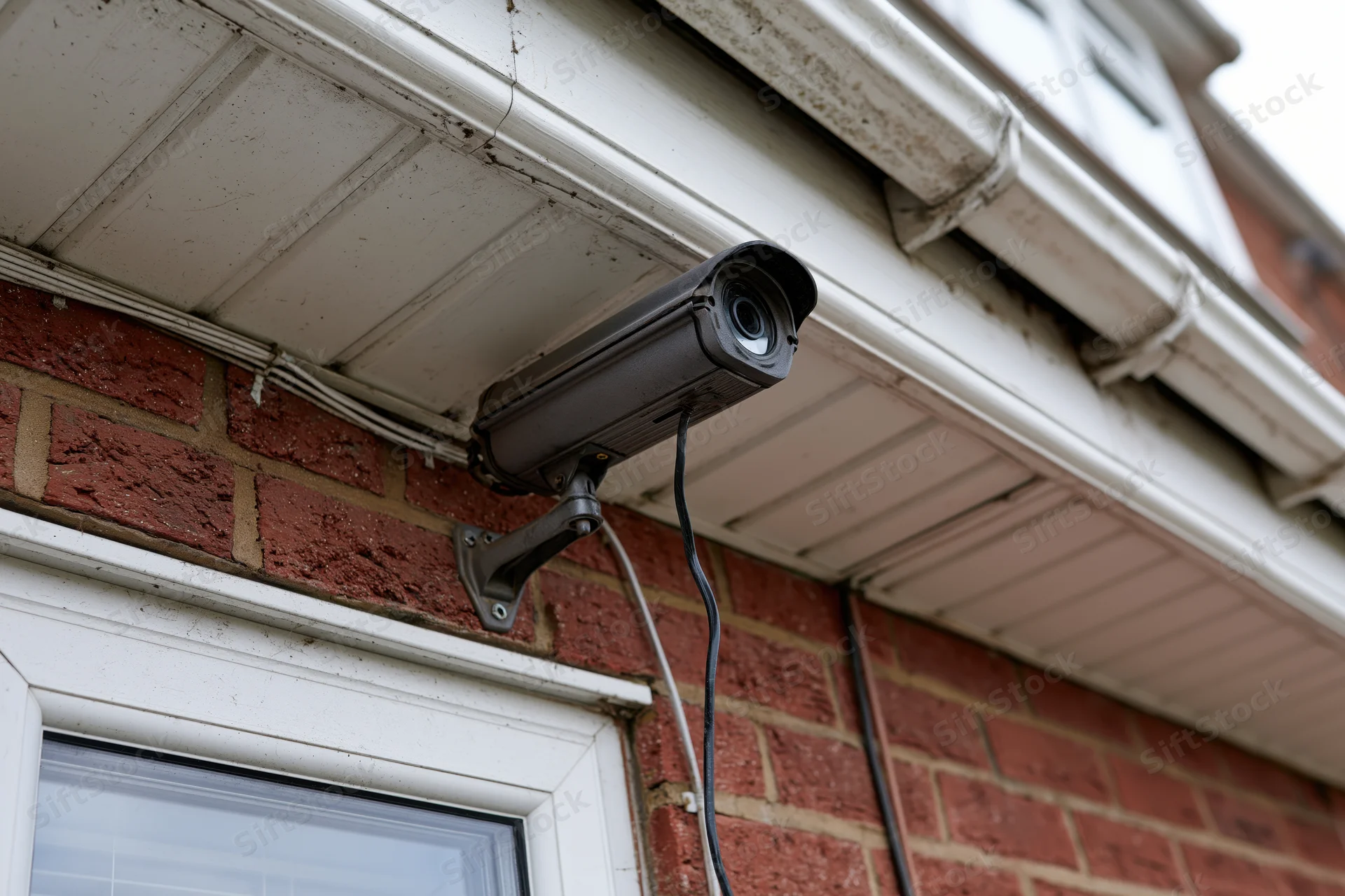 Dark grey bullet cctv camera mounted on brick wall under house eaves near window