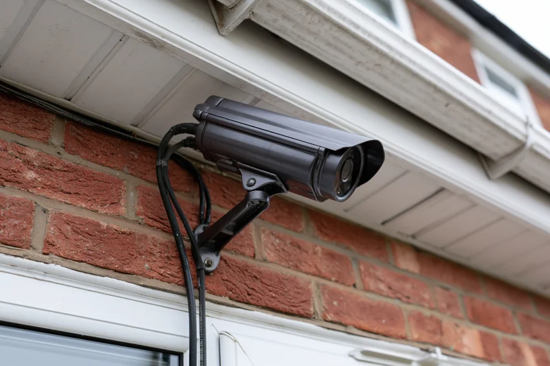 Dark gray bullet cctv camera mounted on brick wall under house eaves