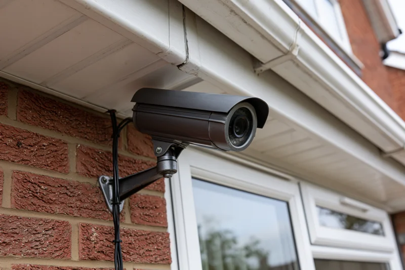 Dark gray bullet cctv camera mounted on metal bracket on brick house exterior near window