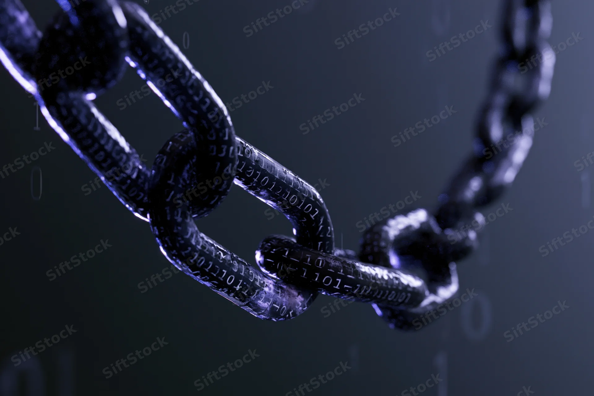Metallic chain with binary code digits glowing in dark background