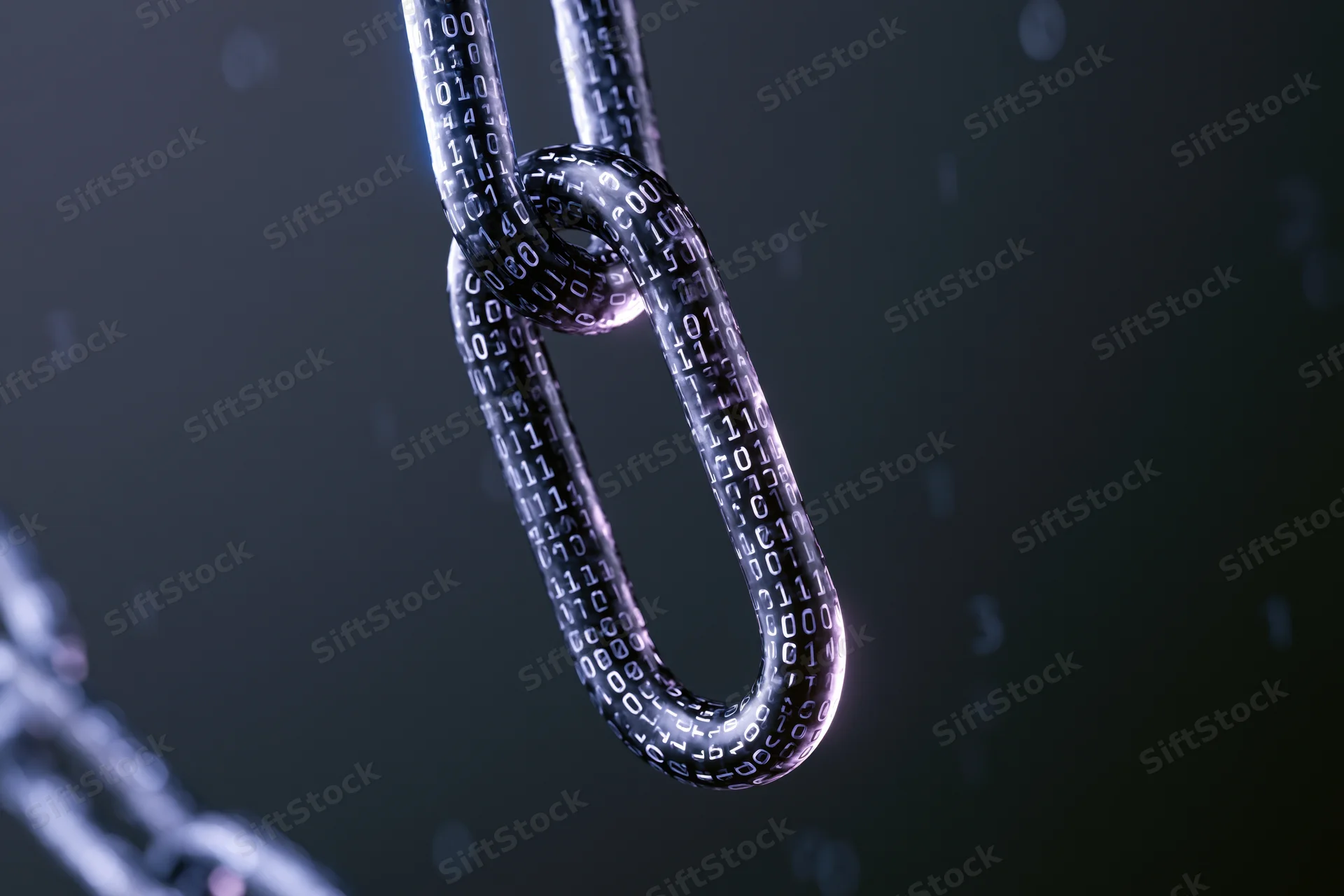 Metallic chain with binary code digits glowing in dark background