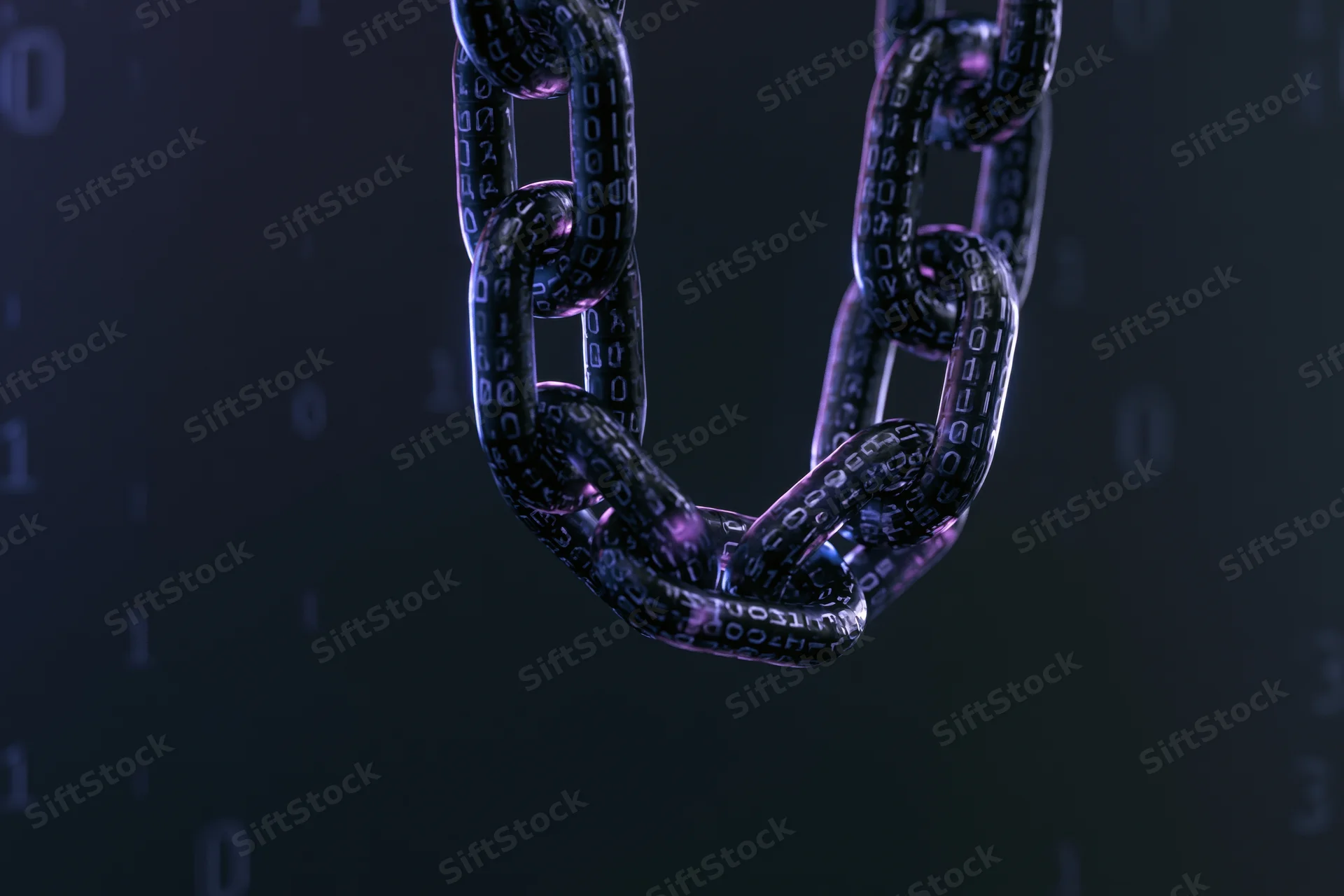 Metallic chain with binary code digits floating in dark digital space