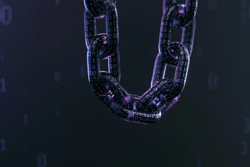 Metallic chain with binary code digits floating in dark digital space