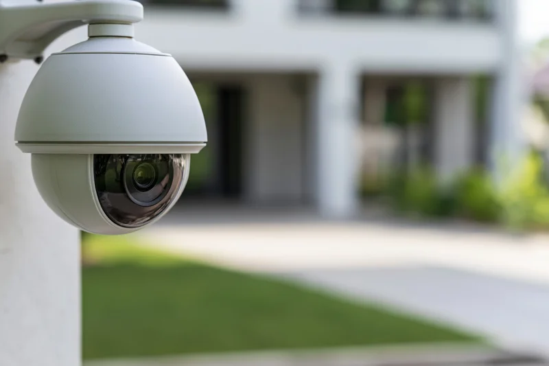 Dome security camera mounted on metal bracket facing a residential building exterior
