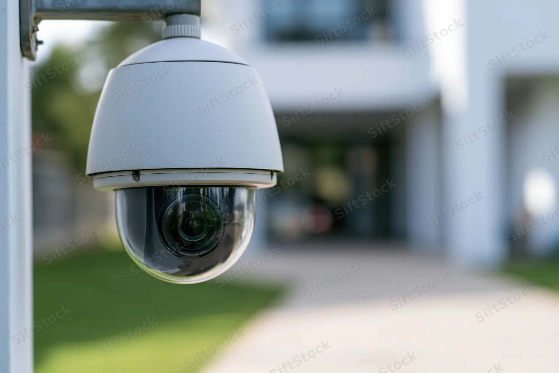 Dome security camera mounted on metal bracket outdoors facing a building and pathway