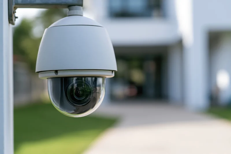 Dome security camera mounted on metal bracket outdoors facing a building and pathway