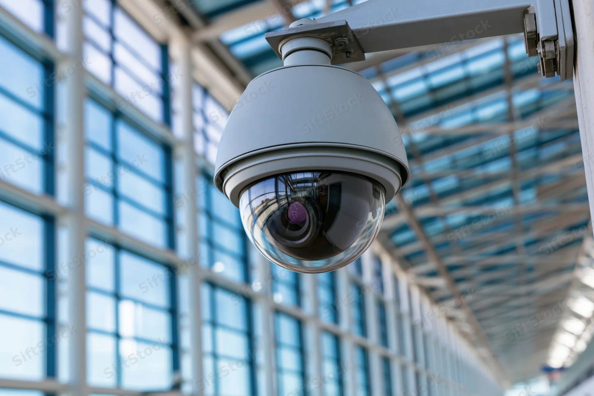 Dome security camera mounted on steel bracket inside modern glass building hallway