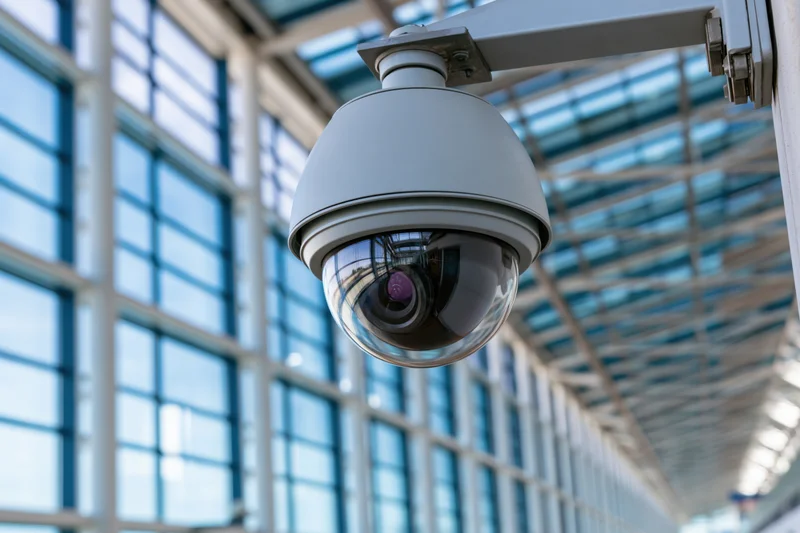 Dome security camera mounted on steel bracket inside modern glass building hallway
