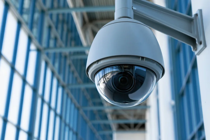 Dome security camera mounted on steel bracket angled down outside modern building