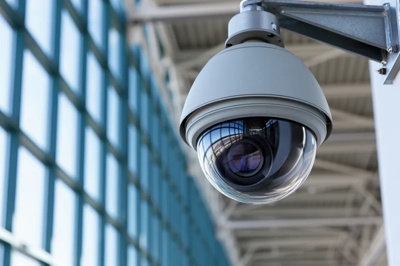Dome security camera mounted on steel bracket inside modern office building
