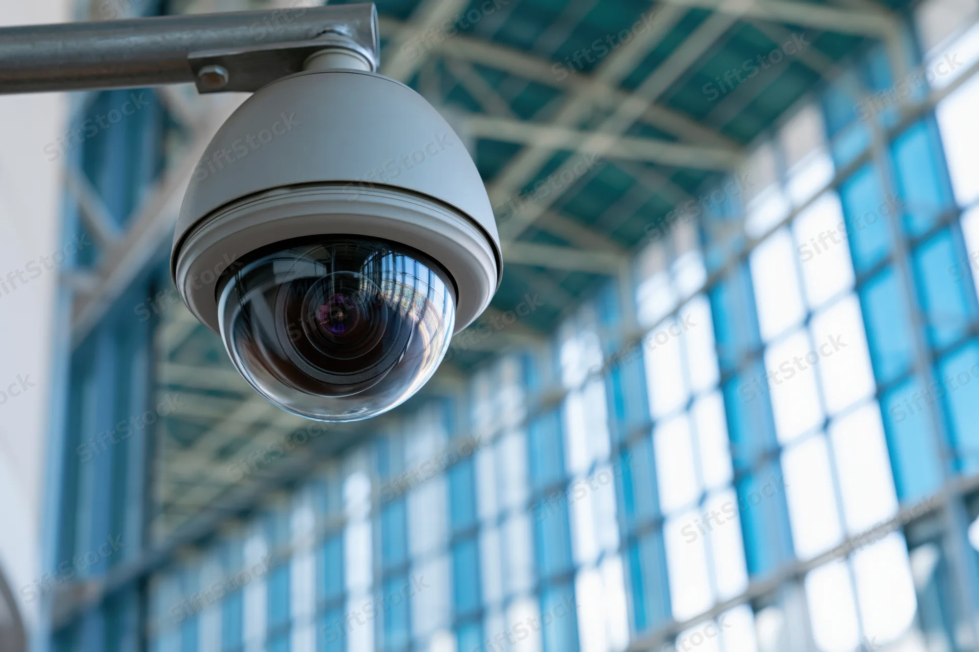 Dome security camera mounted on steel bracket angled down in modern office building interior