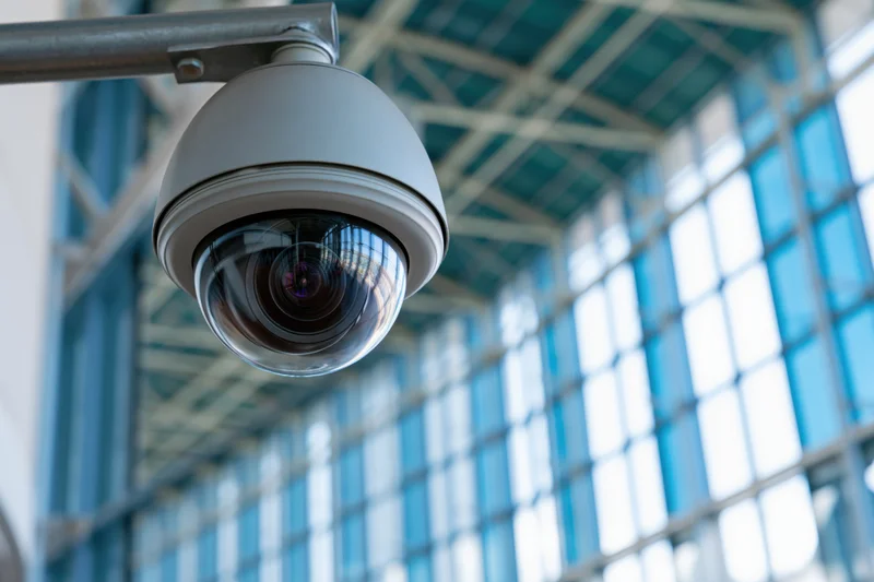 Dome security camera mounted on steel bracket angled down in modern office building interior