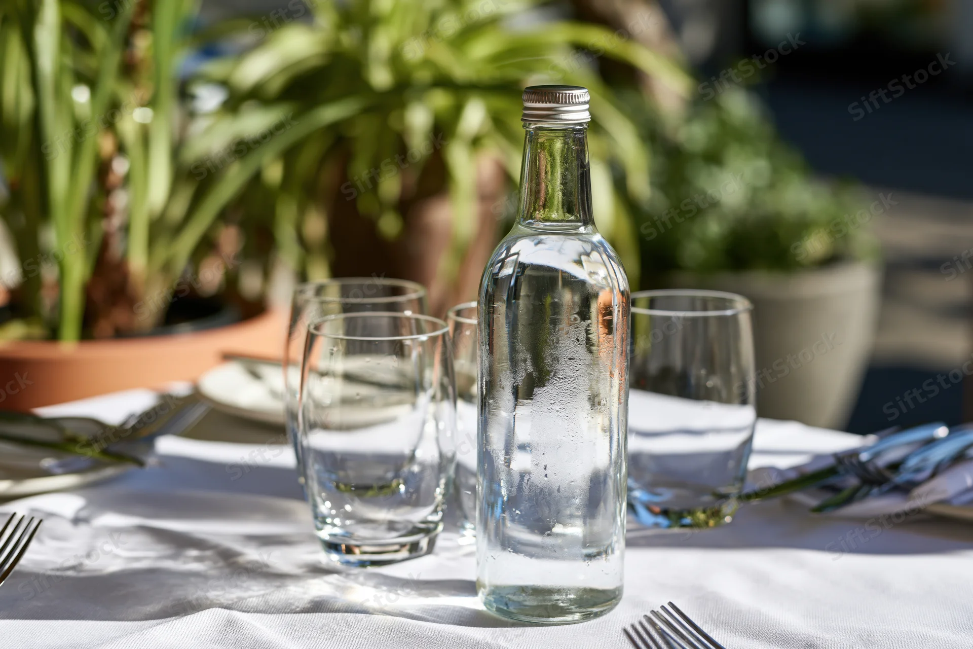Glass water bottle with metal cap on set outdoor dining table with glassware and potted plants
