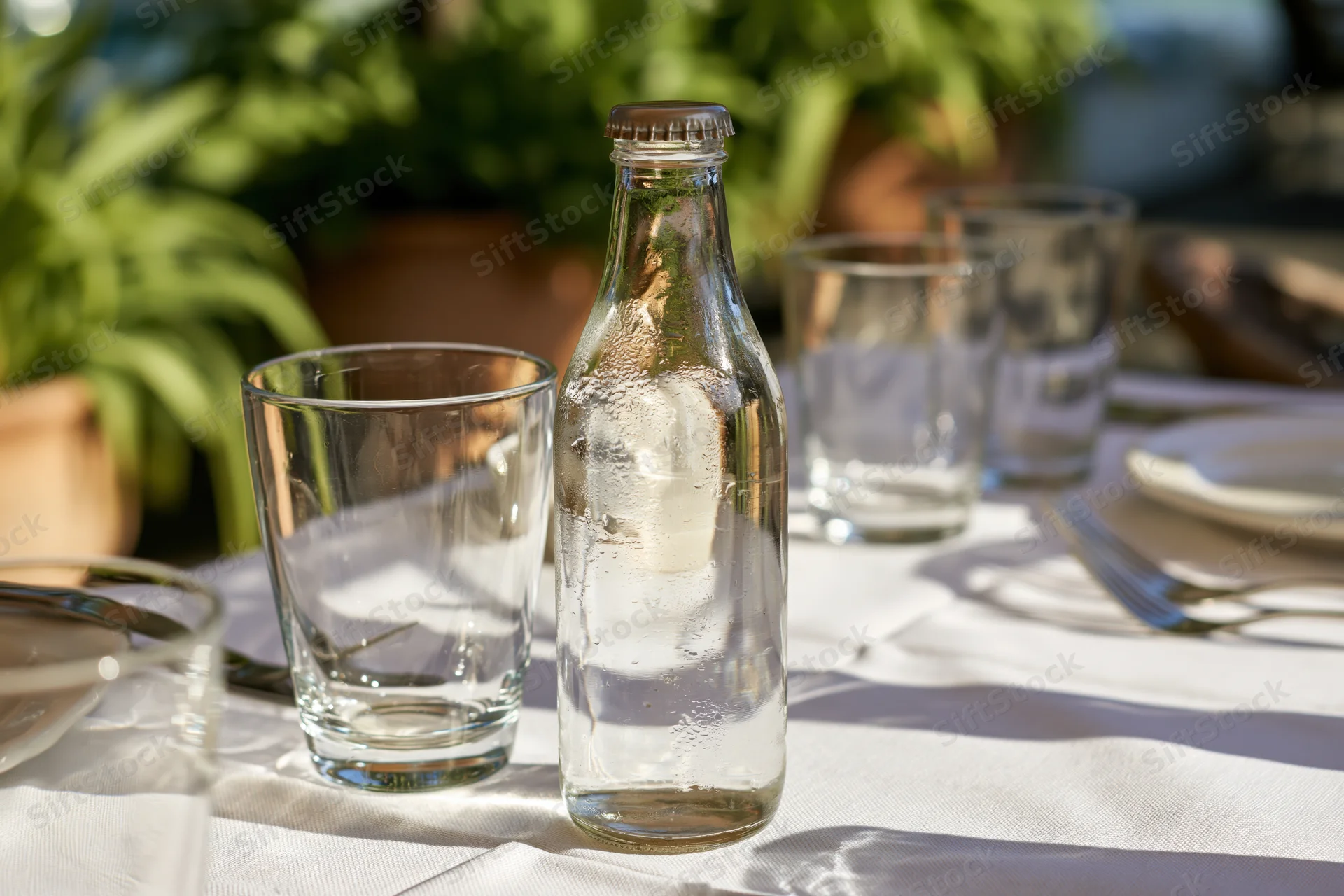 Glass water bottle with condensation on a set outdoor dining table with glassware and greenery in the background