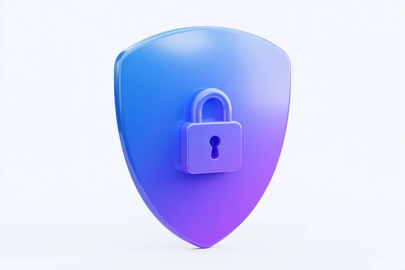 Glossy blue-purple shield with centered padlock symbol isolated on white