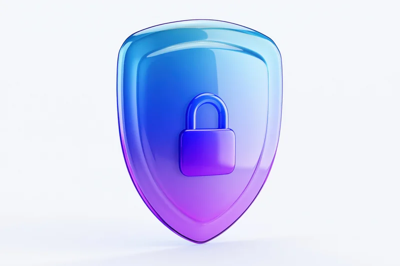 Glossy blue-purple shield with centered padlock symbol on white background
