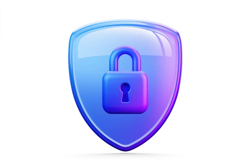 Glossy blue and purple shield icon with centered padlock symbol on white background