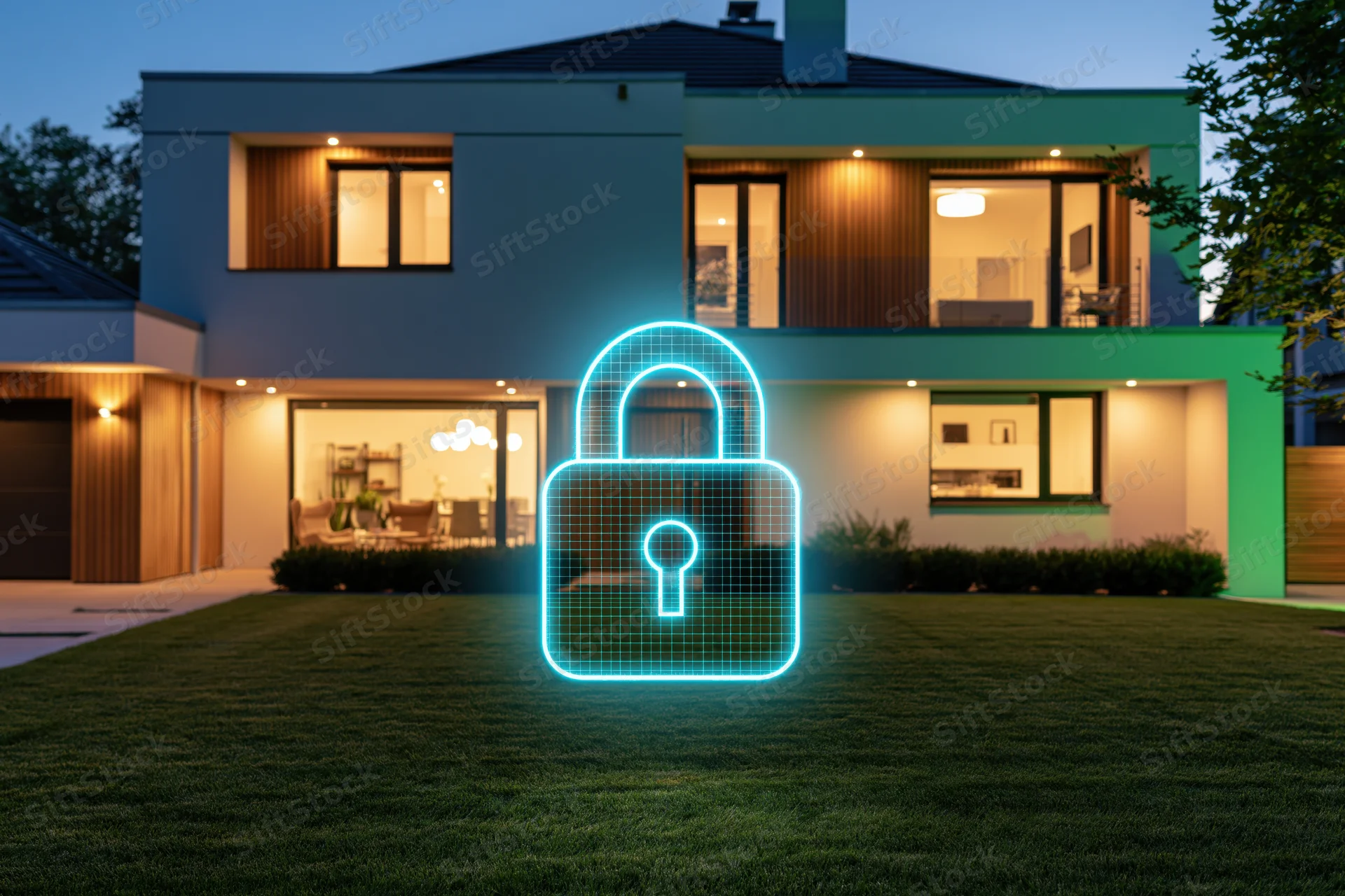 Glowing cyan holographic padlock icon floating in front of modern house exterior at dusk