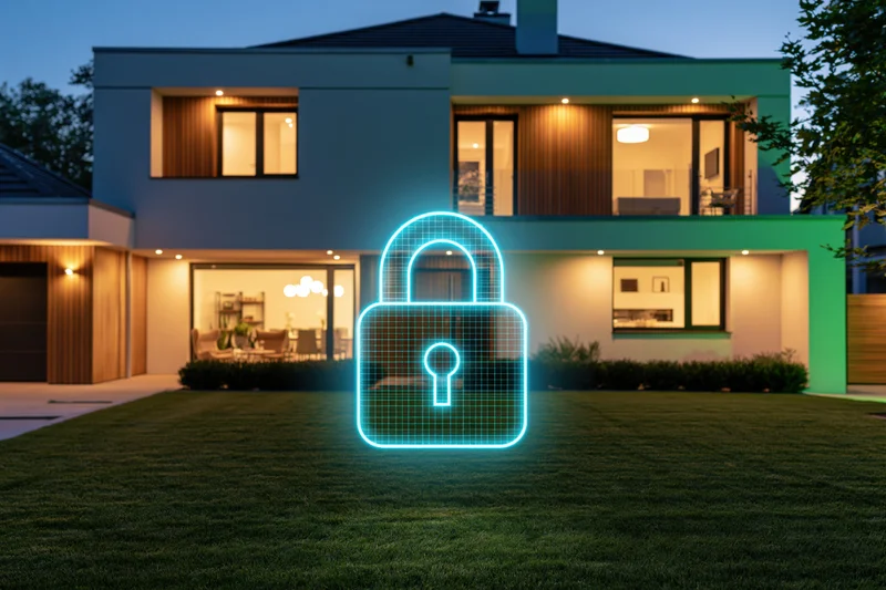 Glowing cyan holographic padlock icon floating in front of modern house exterior at dusk
