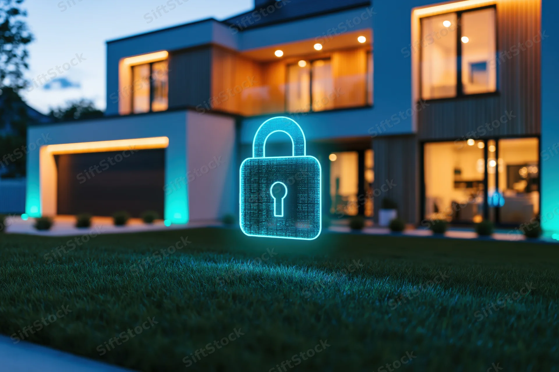 Glowing cyan hologram padlock icon floating in front of modern house exterior at evening