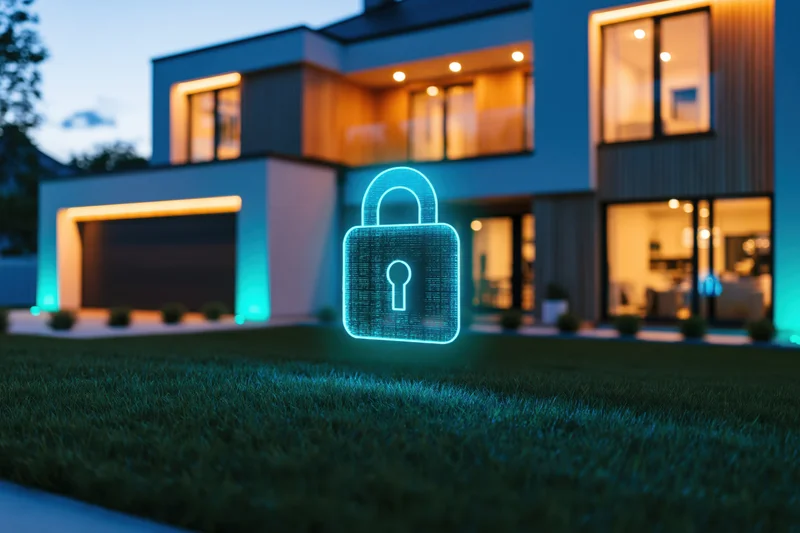 Glowing cyan hologram padlock icon floating in front of modern house exterior at evening