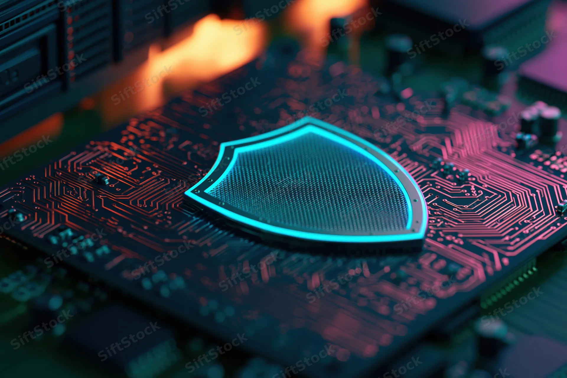 Glowing cyan shield icon on dark circuit board with neon lighting