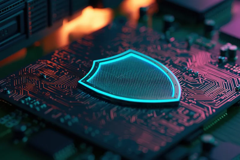 Glowing cyan shield icon on dark circuit board with neon lighting