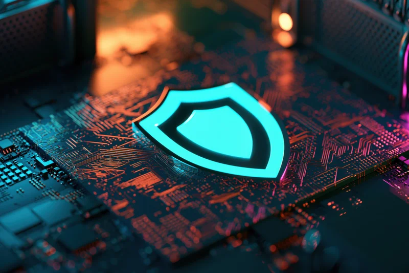Glowing cyan shield icon on dark circuit board surface