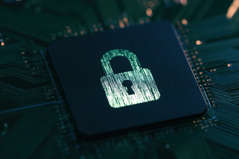 Glowing padlock symbol on a dark circuit board closeup