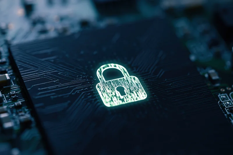 Glowing padlock symbol on dark circuit board surface