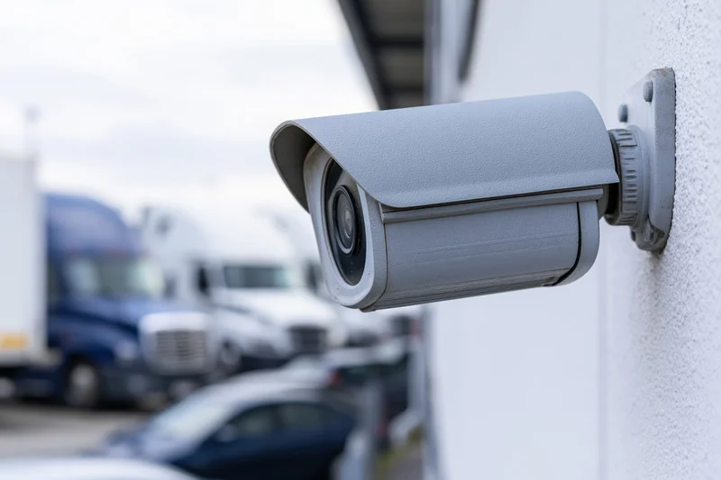 Gray bullet-style security camera mounted on white wall overlooking parking lot with trucks and vehicles