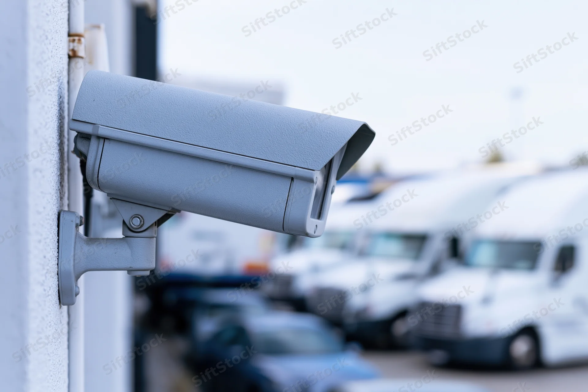 Gray bullet-style security camera mounted on a white wall overlooking a parking lot with trucks and trailers