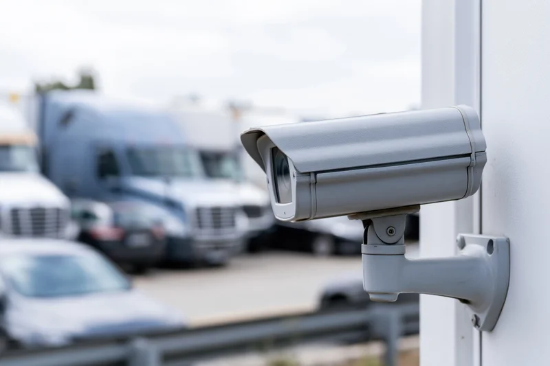 Gray bullet-style security camera mounted on white wall overlooking parking lot with trucks and cars