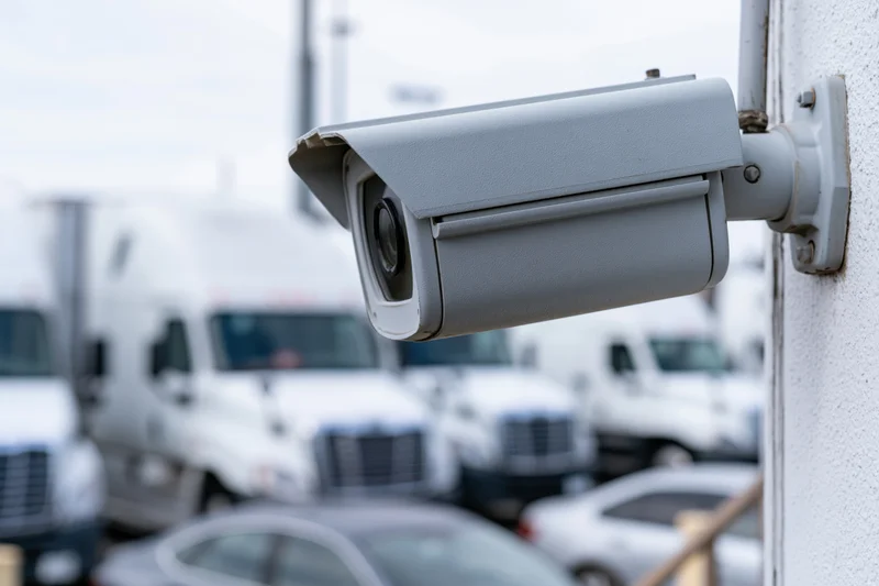 Gray bullet-style security camera mounted on white wall overlooking parking lot with trucks and cars