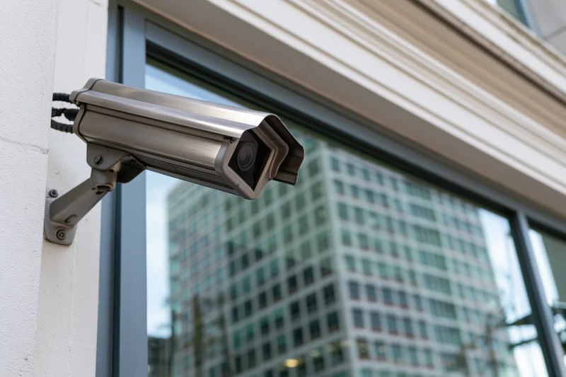 Gray metal cctv camera mounted on wall bracket outside modern building with glass window reflecting skyscraper
