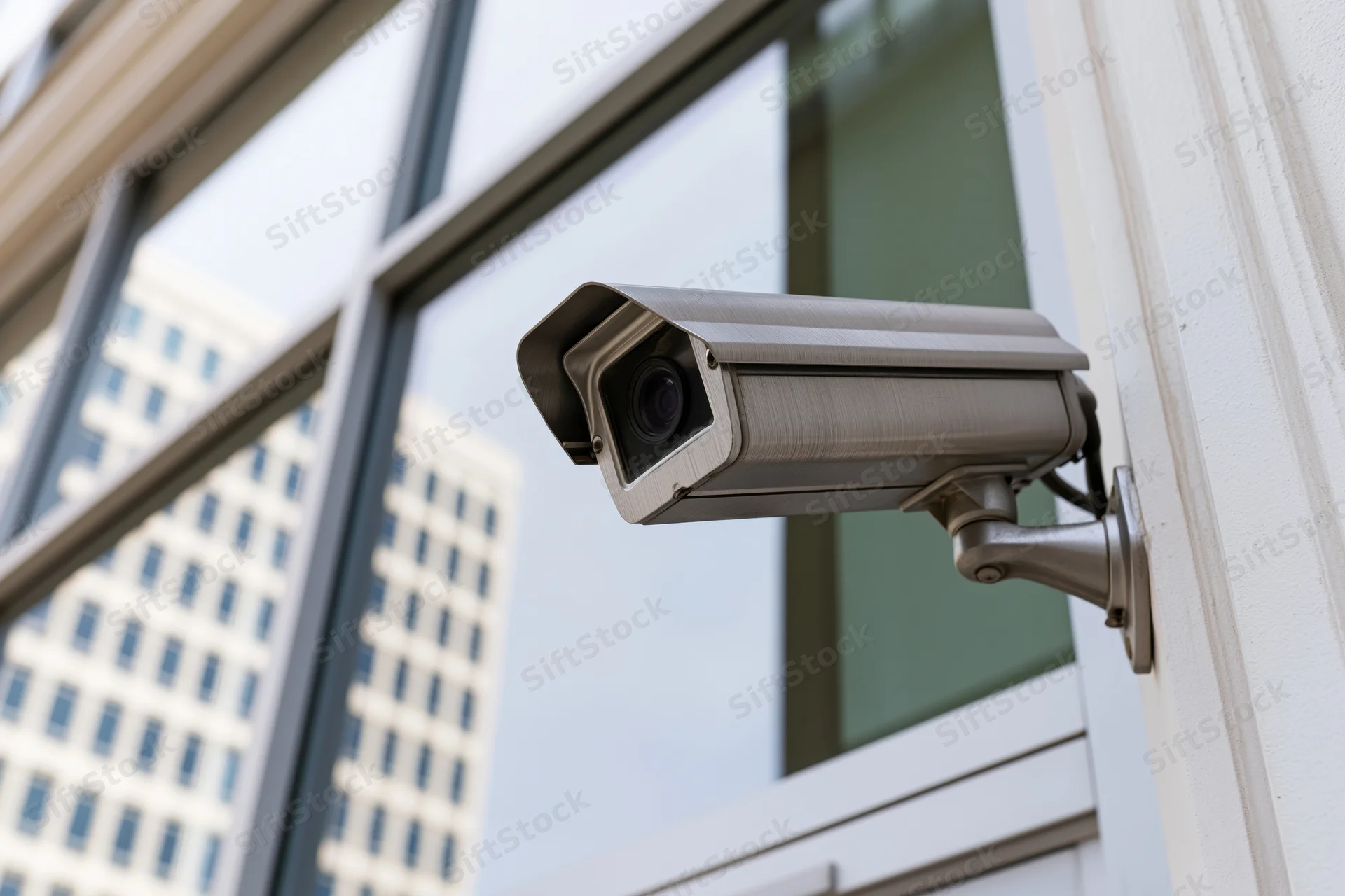 Gray metal cctv security camera mounted on wall bracket outside building with city reflection in window