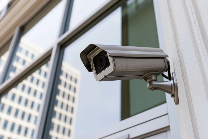 Gray metal cctv security camera mounted on wall bracket outside building with city reflection in window
