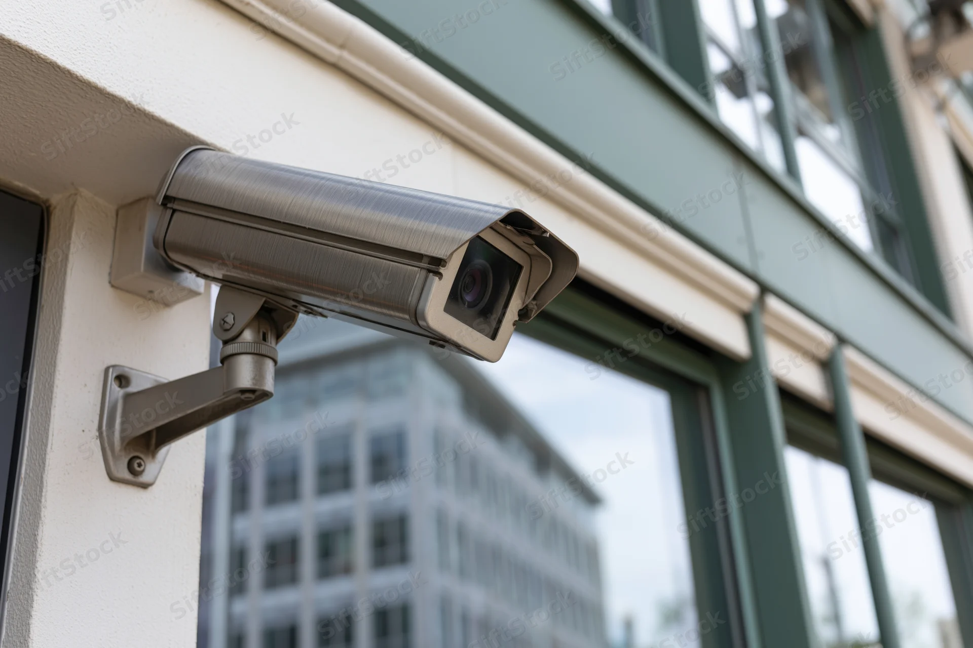 Gray metal cctv security camera mounted on wall bracket outside building