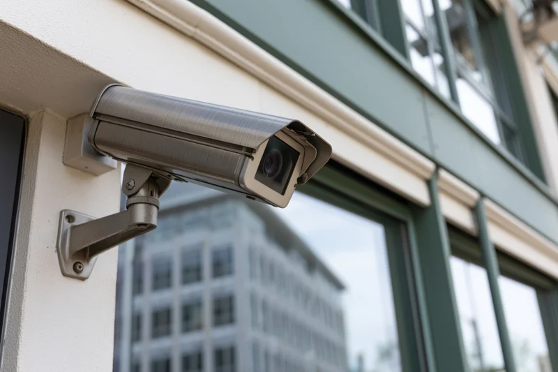 Gray metal cctv security camera mounted on wall bracket outside building